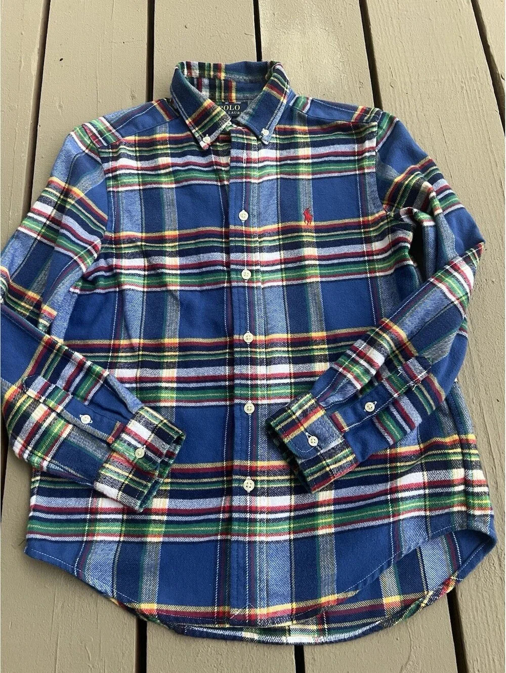 Polo Ralph Lauren Flannel Shirt Boys 10-12 Blue Plaid Long Sleeve